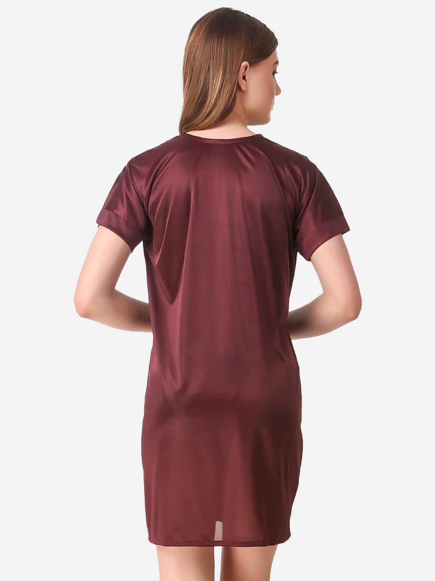 Romaisa Women's Satin Solid Brown Robe with Lingerie Set