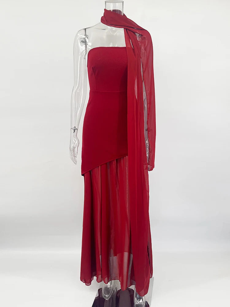 Fashion Strapless Dress With Ribbon Female Elegant Solid Sleeveless Mesh Beach Vacation Long Dress 2025 Spring New Women Dress