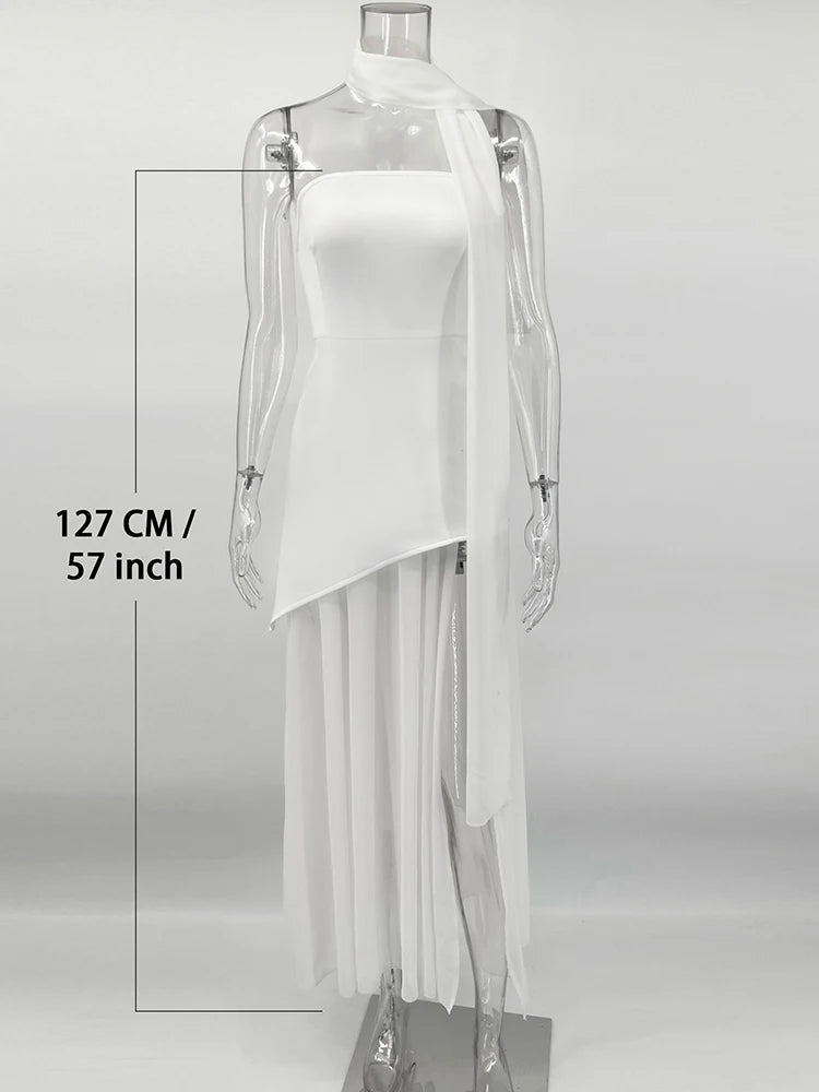 Fashion Strapless Dress With Ribbon Female Elegant Solid Sleeveless Mesh Beach Vacation Long Dress 2025 Spring New Women Dress