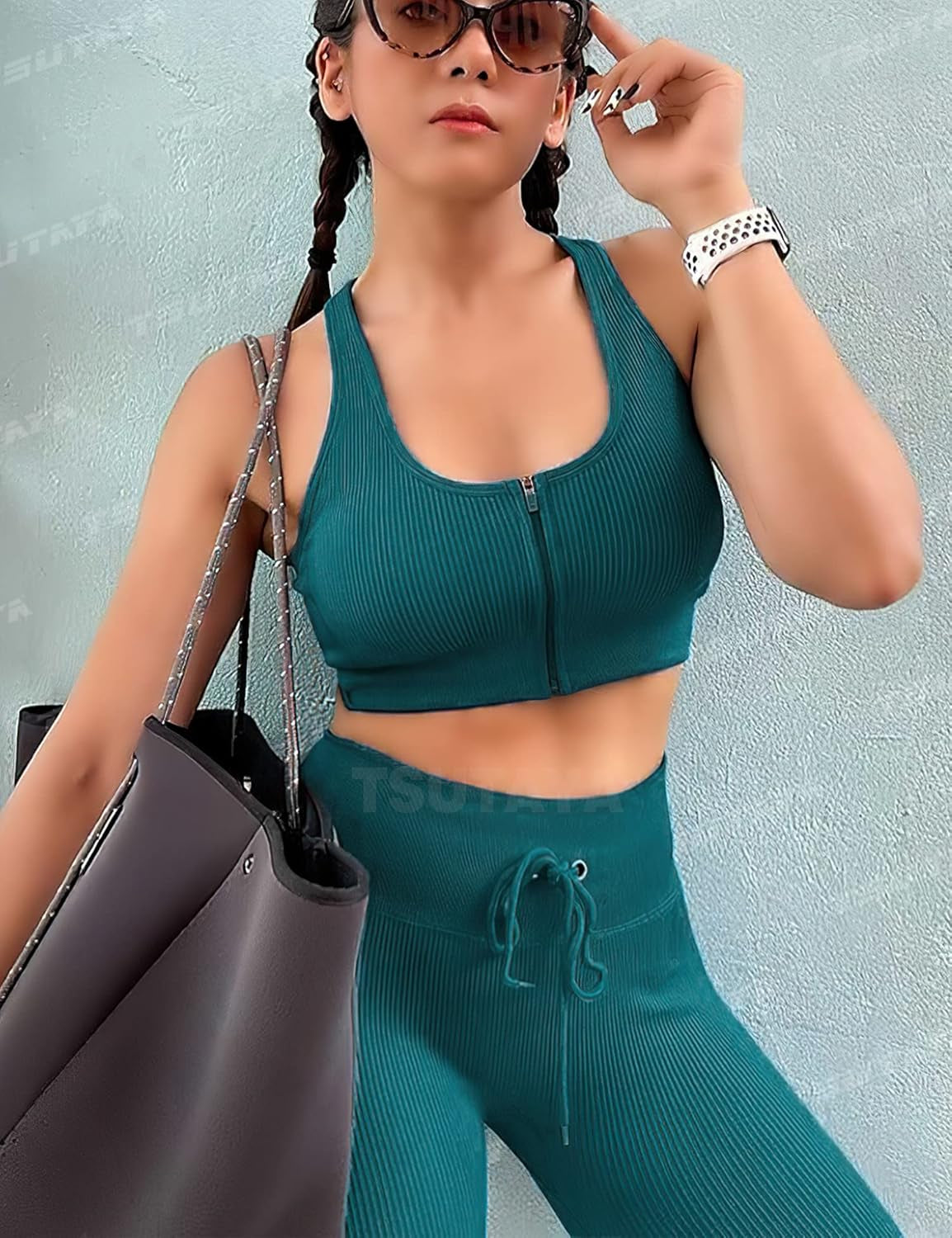 Ribbed Workout Set for Women 2 Piece Gym Outfits Zipper Bra Seamless High Waist Gym Leggings Pants Blue M