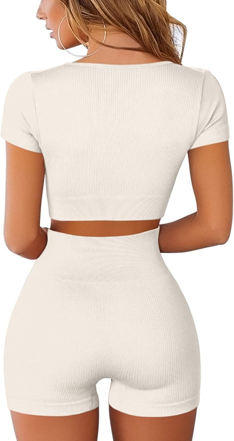 FAFOFA Womens Workout Short Leggings 2 Piece Outfits Short Crop Tops Seamless High Waist Booty Shorts M,Beige(Fafcls3077Bg-M)