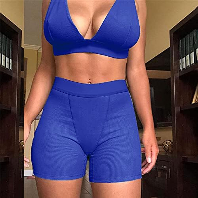 Women 2 Piece Workout Outfit Ribbed Deep V Neck Bra High Waist Bodycon Yoga Short Sets Gym Active Wear Tracksuits Blue L