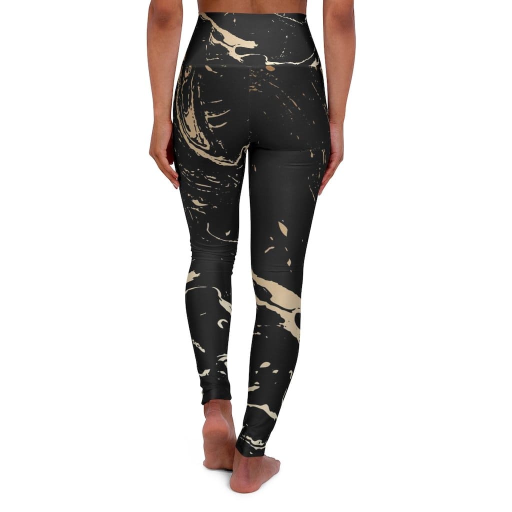 High Waisted Yoga Pants - Black and Gold Swirl Style Sports Pants