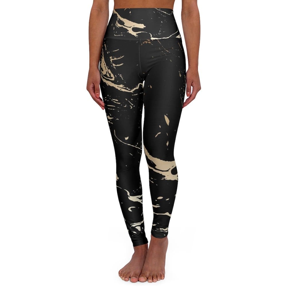 High Waisted Yoga Pants - Black and Gold Swirl Style Sports Pants