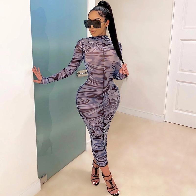 Mesh See Through Striped Sexy Hot Maxi Dress Women 2020 Autumn Long