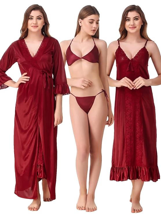 Romaisa Women's Satin Solid Maroon Robe with Lingerie Set