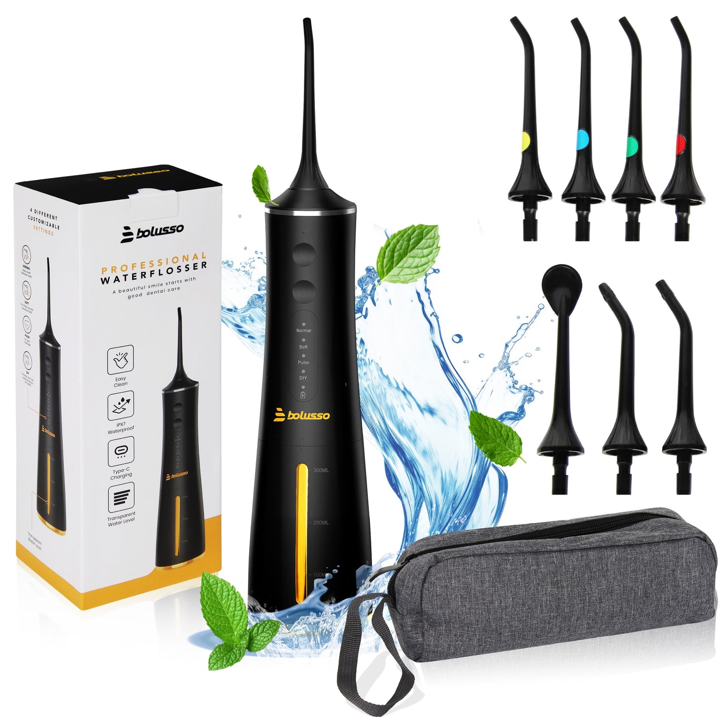 Bolusso Water Flosser - Includes 7 Attachments - Travel bag - E-book -