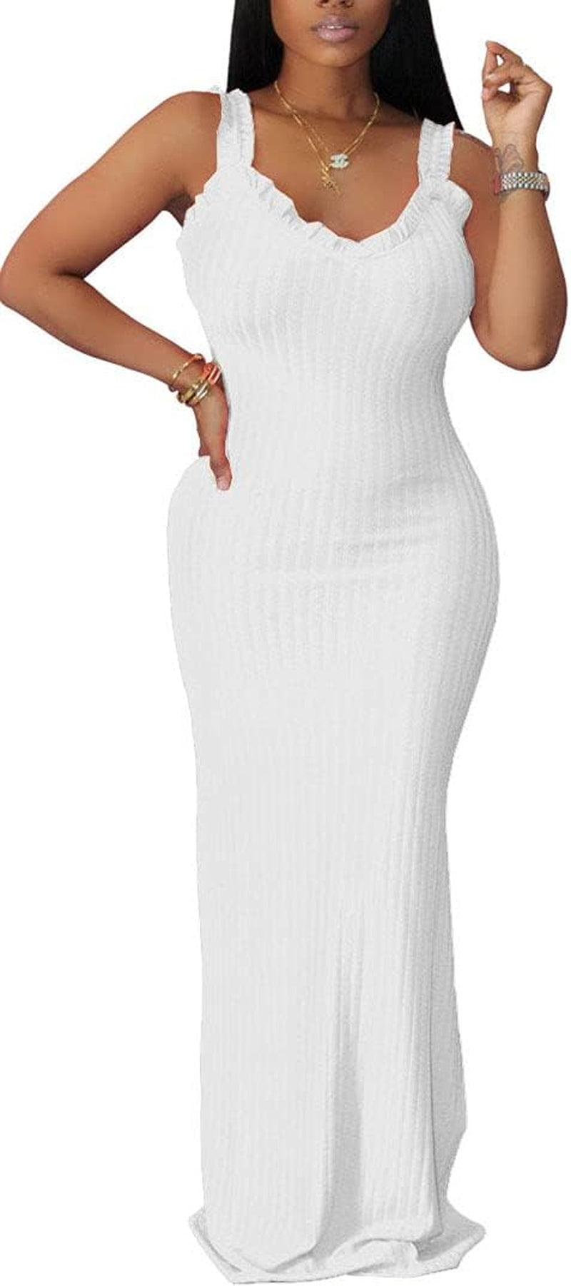 Sundresses for Women Casual Summer Sleeveless Bodycon Mermaid Long Maxi Dress White X-Large