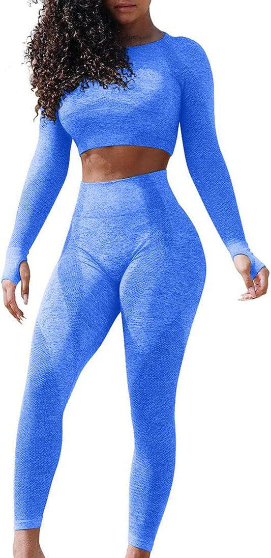 Women'S Seamless Yoga 2 Piece Workout Outfits Long Sleeve Crop Top High Waist Leggings Gym Clothes Sets