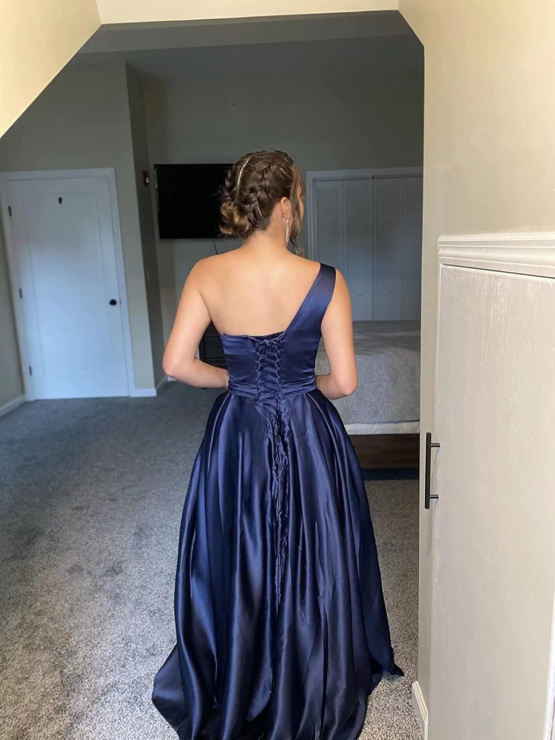 One Shoulder Long Prom Dresses for Women Satin a Line Formal Evening Party Gowns with Slit