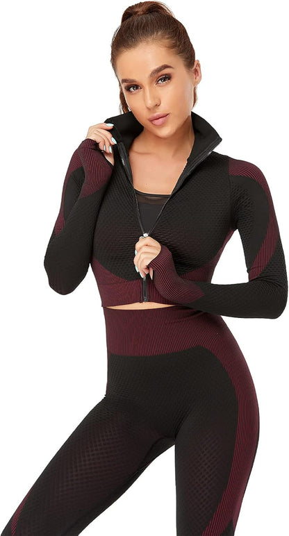 Women'S 2 Piece Tracksuit Workout Set - High Waist Leggings and Crop Top