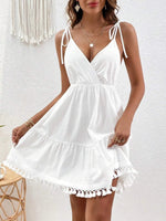 Surplice Summer Mini Dress with Tassel Hem