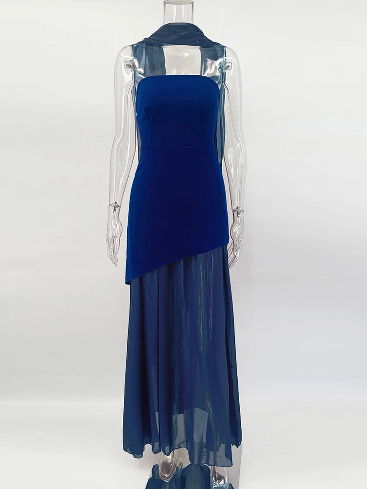 Fashion Strapless Dress With Ribbon Female Elegant Solid Sleeveless Mesh Beach Vacation Long Dress 2025 Spring New Women Dress