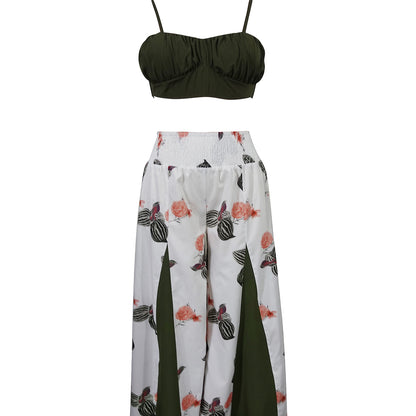 Feminine Tops Fashionable Flower Printed Contrast Color Pants