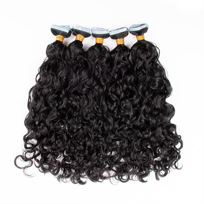 Premium #1B Natural Black Water Wave Tape-In Hair Extensions | 100%
