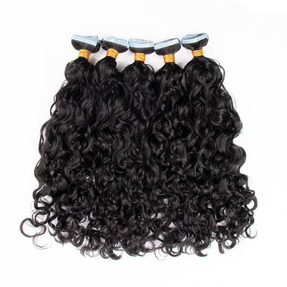 Premium #1B Natural Black Water Wave Tape-In Hair Extensions | 100%