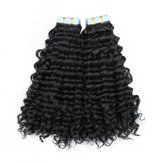 Premium #1B Natural Black Deep Wave Tape-In Hair Extensions | 100%