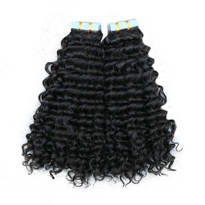 Premium #1B Natural Black Deep Wave Tape-In Hair Extensions | 100%