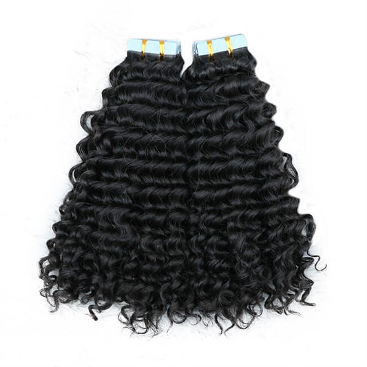 Premium #1B Natural Black Deep Wave Tape-In Hair Extensions | 100%