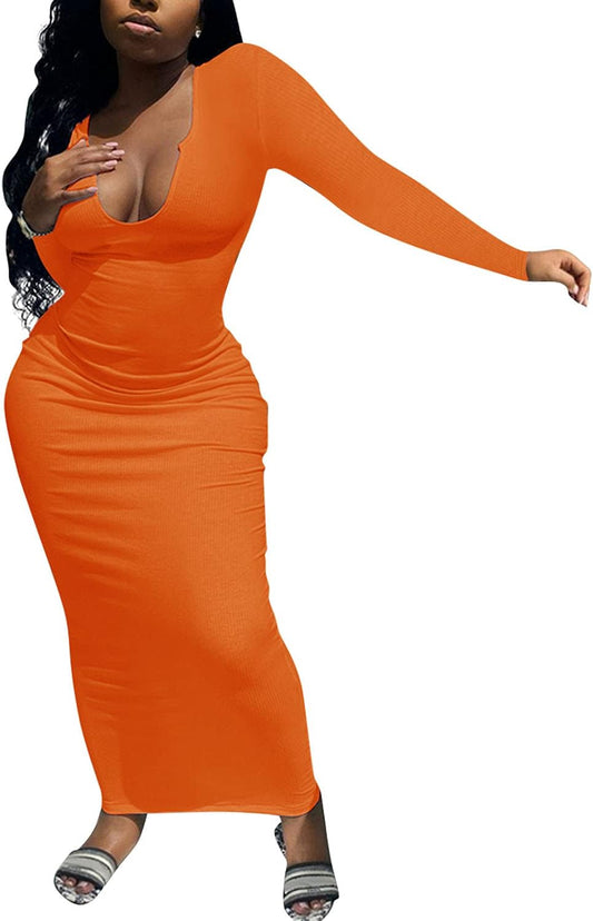 Women Bodycon Maxi Tank Dress, Sexy Deep U Neck Ribbed Solid Color Party Wrap Long Dresses