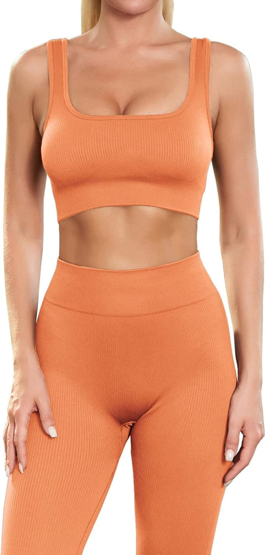 Seamless Workout Set for Women 2 Piece Yoga Outfits Activewear Set Ribbed High Waist Leggings Sport Bra Tracksuits (Light Orange M)