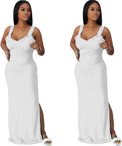 Sundresses for Women Casual Summer Sleeveless Bodycon Mermaid Long Maxi Dress White X-Large