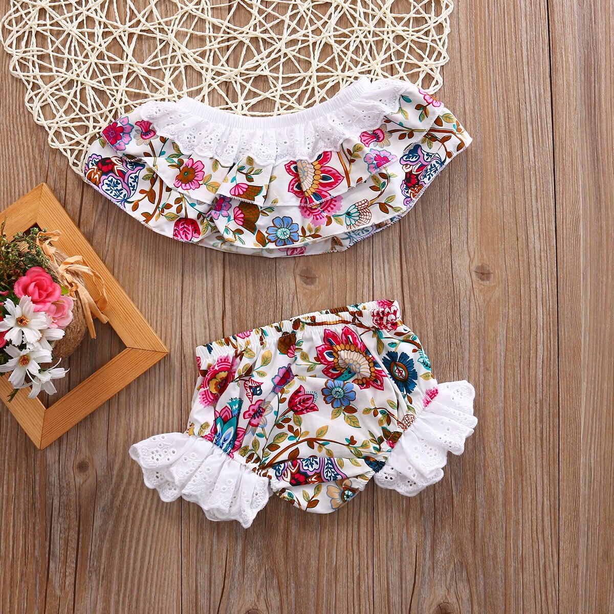 2 Pcs Babies Girl Floral Clothing Set Infant Kids