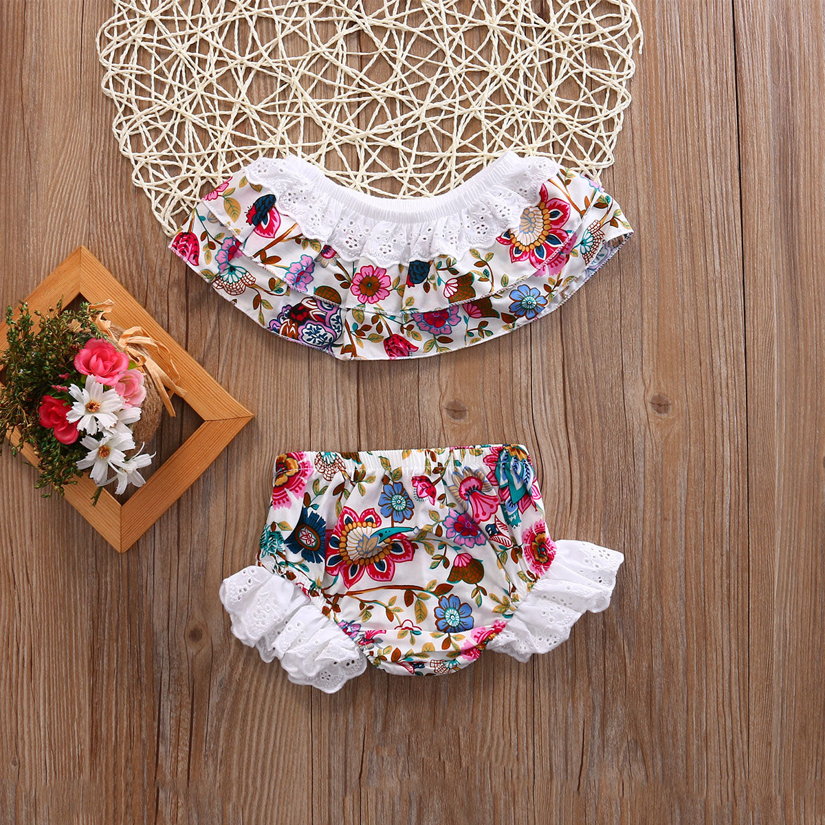 2 Pcs Babies Girl Floral Clothing Set Infant Kids