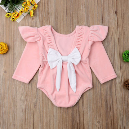 2018 Babies Solid Velvet Bowknot Bodysuit Newborn