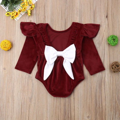 2018 Babies Solid Velvet Bowknot Bodysuit Newborn