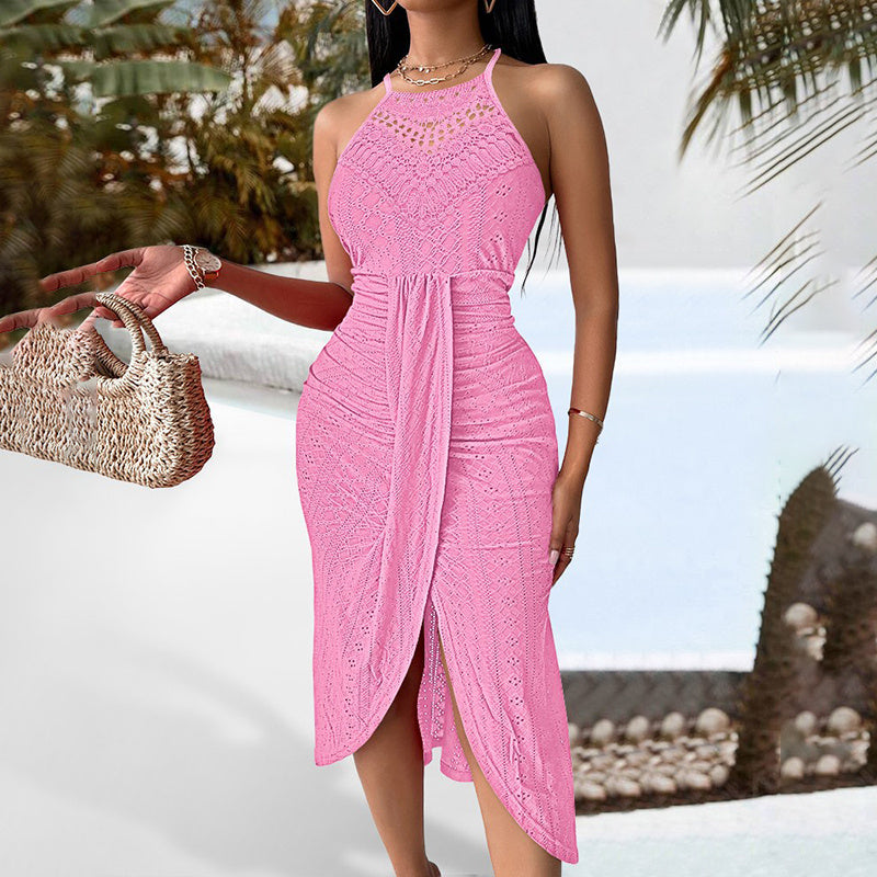 Women Sexy Open Back Pleated Bodycon Midi Dress