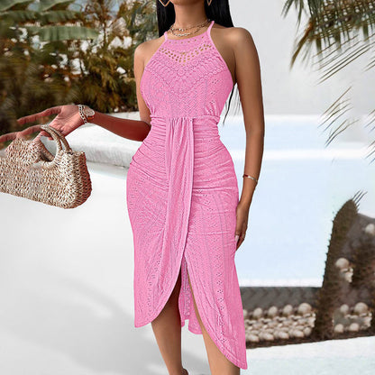 Women Sexy Open Back Pleated Bodycon Midi Dress