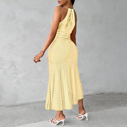 Women Sexy Open Back Pleated Bodycon Midi Dress