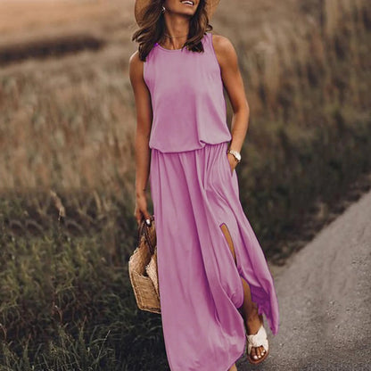 Dresses for Women 2023  Wedding Guest Dresses Casual Sleeveless O-Neck Solid Fork Opening Dress in Season Pink XL Size