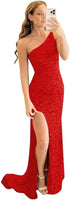 Sequin Prom Dresses Long Mermaid One Shoulder Formal Gowns Backless Evening Party Gowns with Slit