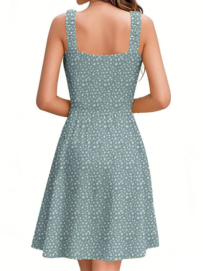 Summer Dresses for Women Sleeveless Square Neck Midi Dress Boho Floral Print Beach Sundress with Pockets