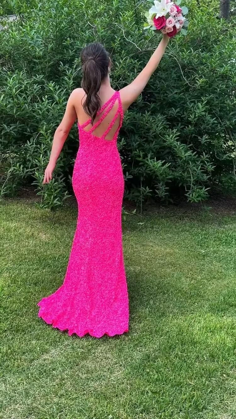 Sequin Prom Dresses Long Mermaid One Shoulder Formal Gowns Backless Evening Party Gowns with Slit