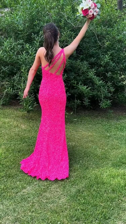Sequin Prom Dresses Long Mermaid One Shoulder Formal Gowns Backless Evening Party Gowns with Slit