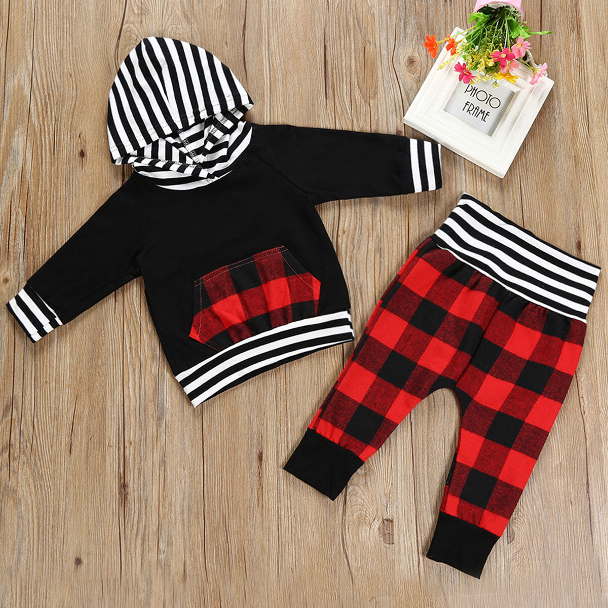2Pcs Babies Hooded Plaids Stripes Clothing Set