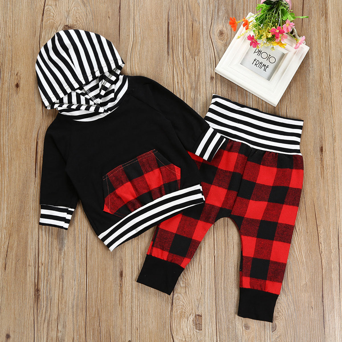 2Pcs Babies Hooded Plaids Stripes Clothing Set