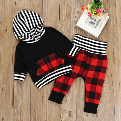 2Pcs Babies Hooded Plaids Stripes Clothing Set
