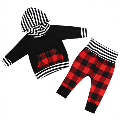 2Pcs Babies Hooded Plaids Stripes Clothing Set