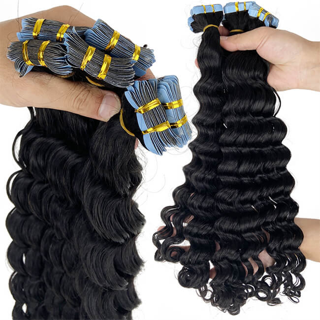 Premium #1B Natural Black Deep Wave Tape-In Hair Extensions | 100%