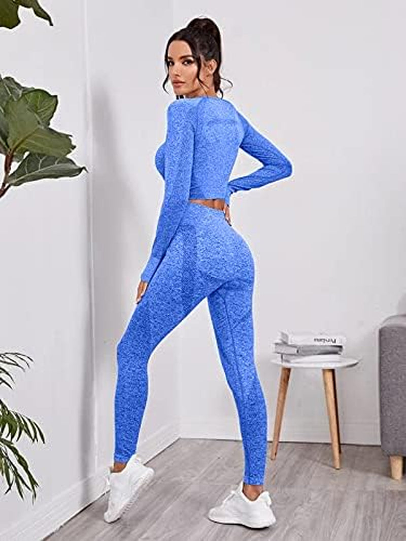 Women'S Seamless Yoga 2 Piece Workout Outfits Long Sleeve Crop Top High Waist Leggings Gym Clothes Sets