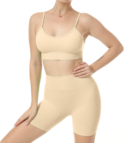 Women Seamless Yoga Set 2 Piece Workout Sport Bra with High Waist Shorts Legging Outfit Tracksuit.