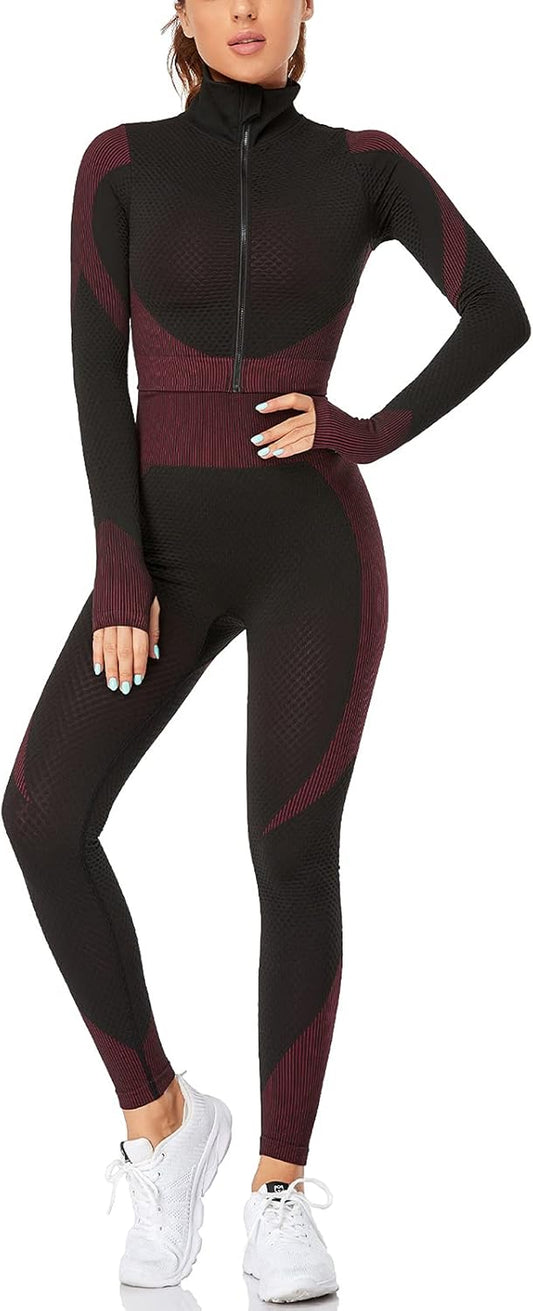 Women'S 2 Piece Tracksuit Workout Set - High Waist Leggings and Crop Top