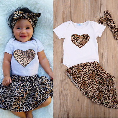 3 Pcs Babies Leopard Heart Bodysuit Skirt Clothing