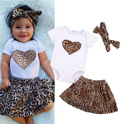 3 Pcs Babies Leopard Heart Bodysuit Skirt Clothing
