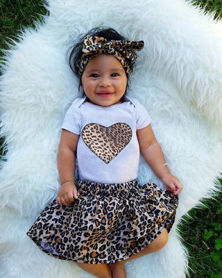3 Pcs Babies Leopard Heart Bodysuit Skirt Clothing