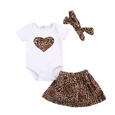 3 Pcs Babies Leopard Heart Bodysuit Skirt Clothing